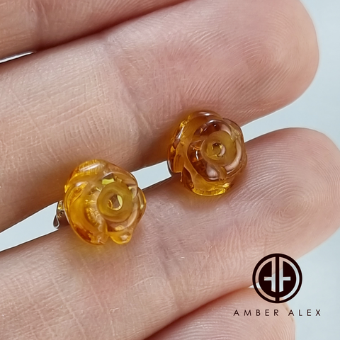 Light Cognac Amber Carved Rose Stud Earrings Sterling Silver