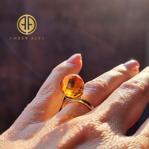 Cognac Amber Faceted Round Bead Adjustable Ring 14K Gold Plated