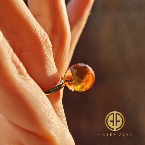 Cognac Amber Faceted Round Bead Adjustable Ring 14K Gold Plated