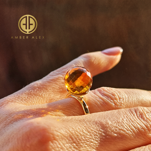 Cognac Amber Faceted Round Bead Adjustable Ring 14K Gold Plated