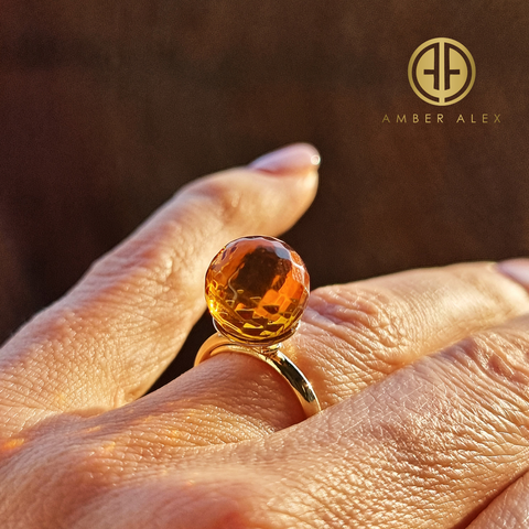 Cognac Amber Faceted Round Bead Adjustable Ring 14K Gold Plated