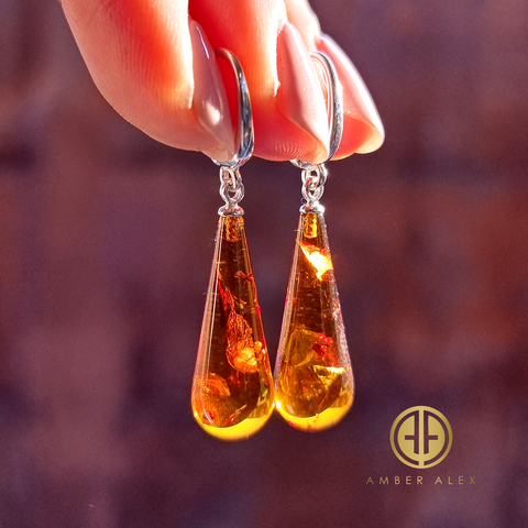 Cognac Amber Drop Dangle Earrings Sterling Silver