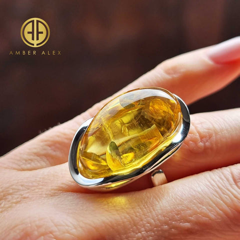 Lemon Amber Free Shape Adjustable Ring Sterling Silver