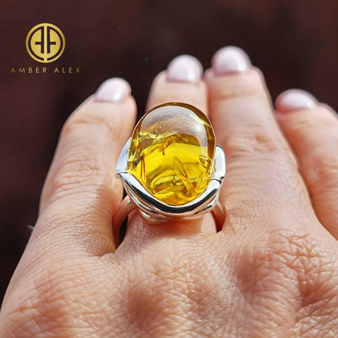 Lemon Amber Free Shape Adjustable Ring Sterling Silver