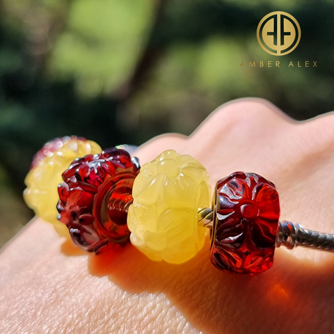 Multi-Color Amber Carved Flower Charm Bead