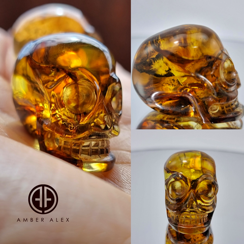 Fossil Amber Carved Skull Figurine