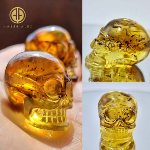 Fossil Amber Carved Skull Figurine