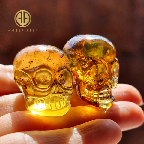 Fossil Amber Carved Skull Figurine