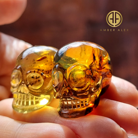 Fossil Amber Carved Skull Figurine