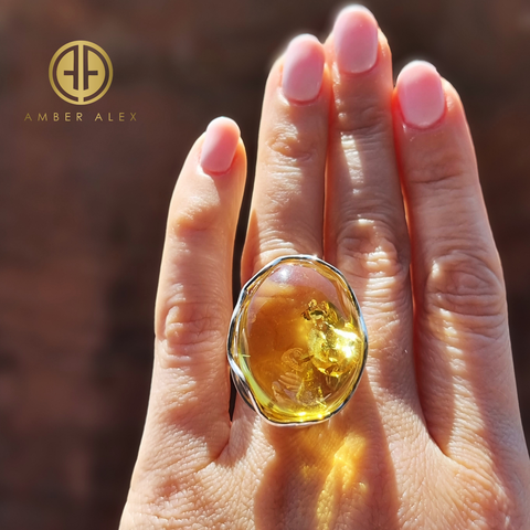 Lemon Amber Free Shape Adjustable Ring Sterling Silver