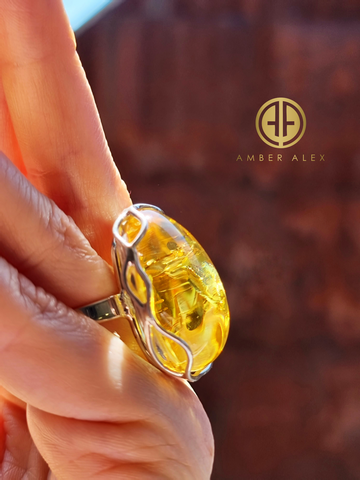 Lemon Amber Free Shape Adjustable Ring Sterling Silver