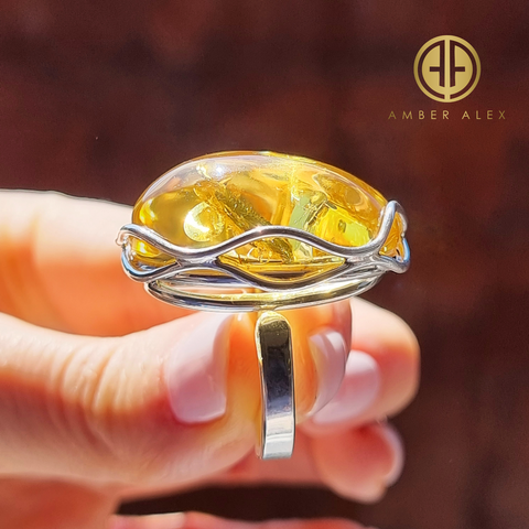 Lemon Amber Free Shape Adjustable Ring Sterling Silver