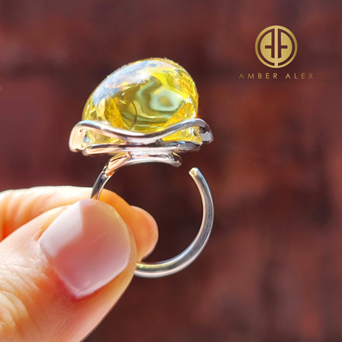 Lemon Amber Free Shape Adjustable Ring Sterling Silver