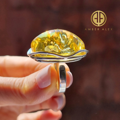 Lemon Amber Free Shape Adjustable Ring Sterling Silver