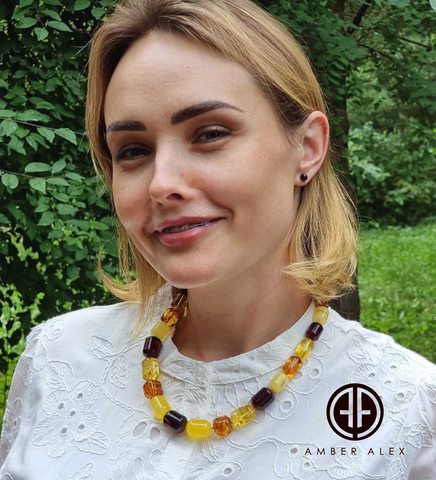 Multi-Color Amber Barrel Beads Necklace