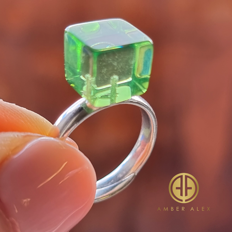 Green Amber Cube Shape Adjustable Ring Sterling Silver