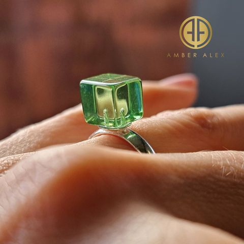 Green Amber Cube Shape Adjustable Ring Sterling Silver