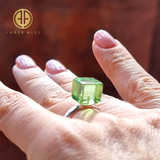 Green Amber Cube Shape Adjustable Ring Sterling Silver