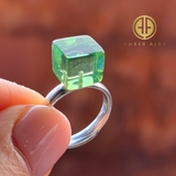 Green Amber Cube Shape Adjustable Ring Sterling Silver
