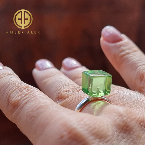 Green Amber Cube Shape Adjustable Ring Sterling Silver