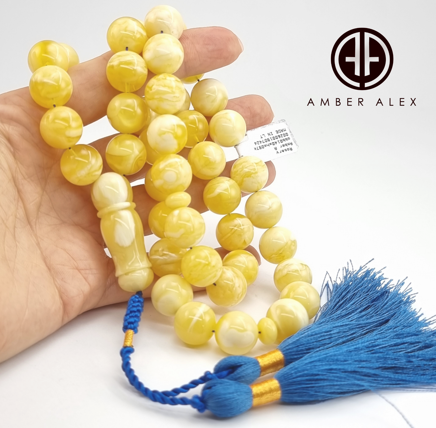 White With Yellow Amber Round Shape 14mm Islamic Rosary Beads