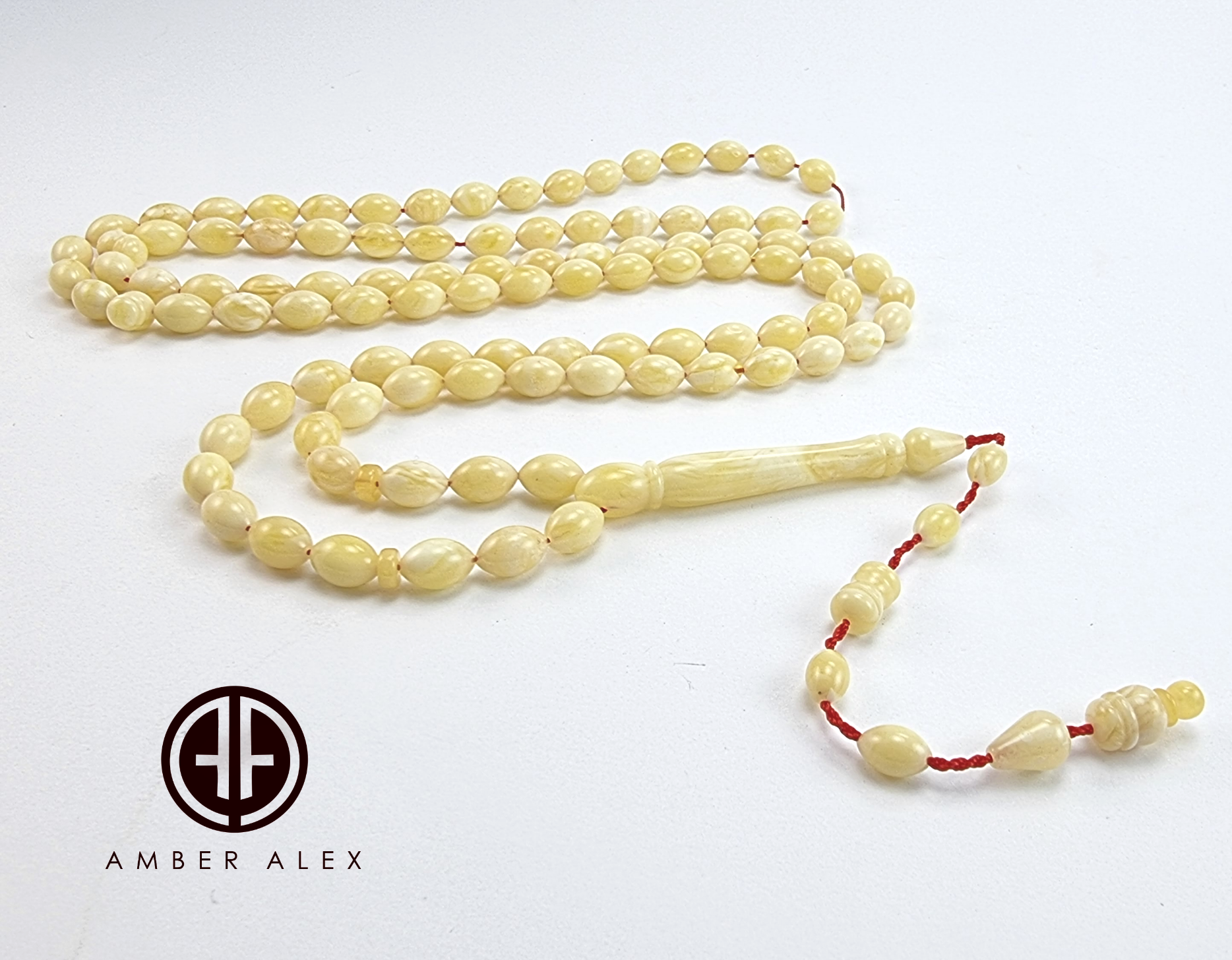 White With Yellow Amber Olive Shape 6.5 mm Islamic Rosary Beads