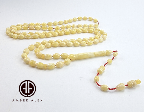 White With Yellow Amber Olive Shape 6.5 mm Islamic Rosary Beads