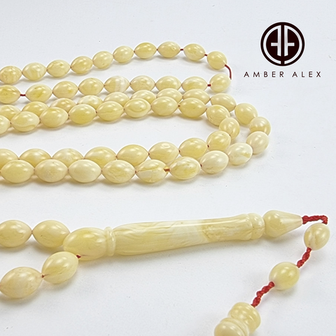 White With Yellow Amber Olive Shape 6.5 mm Islamic Rosary Beads