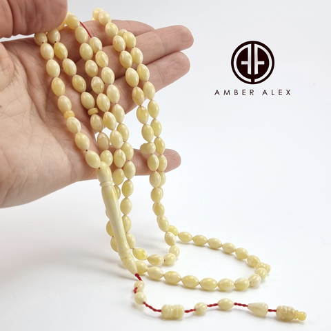 White With Yellow Amber Olive Shape 6.5 mm Islamic Rosary Beads