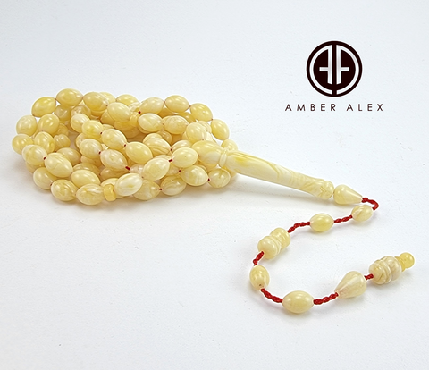 White With Yellow Amber Olive Shape 6.5 mm Islamic Rosary Beads