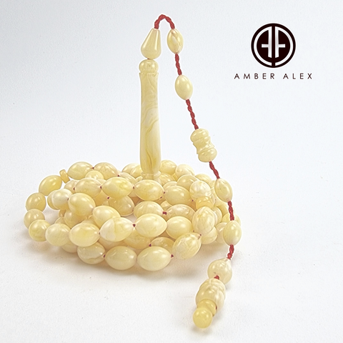 White With Yellow Amber Olive Shape 6.5 mm Islamic Rosary Beads