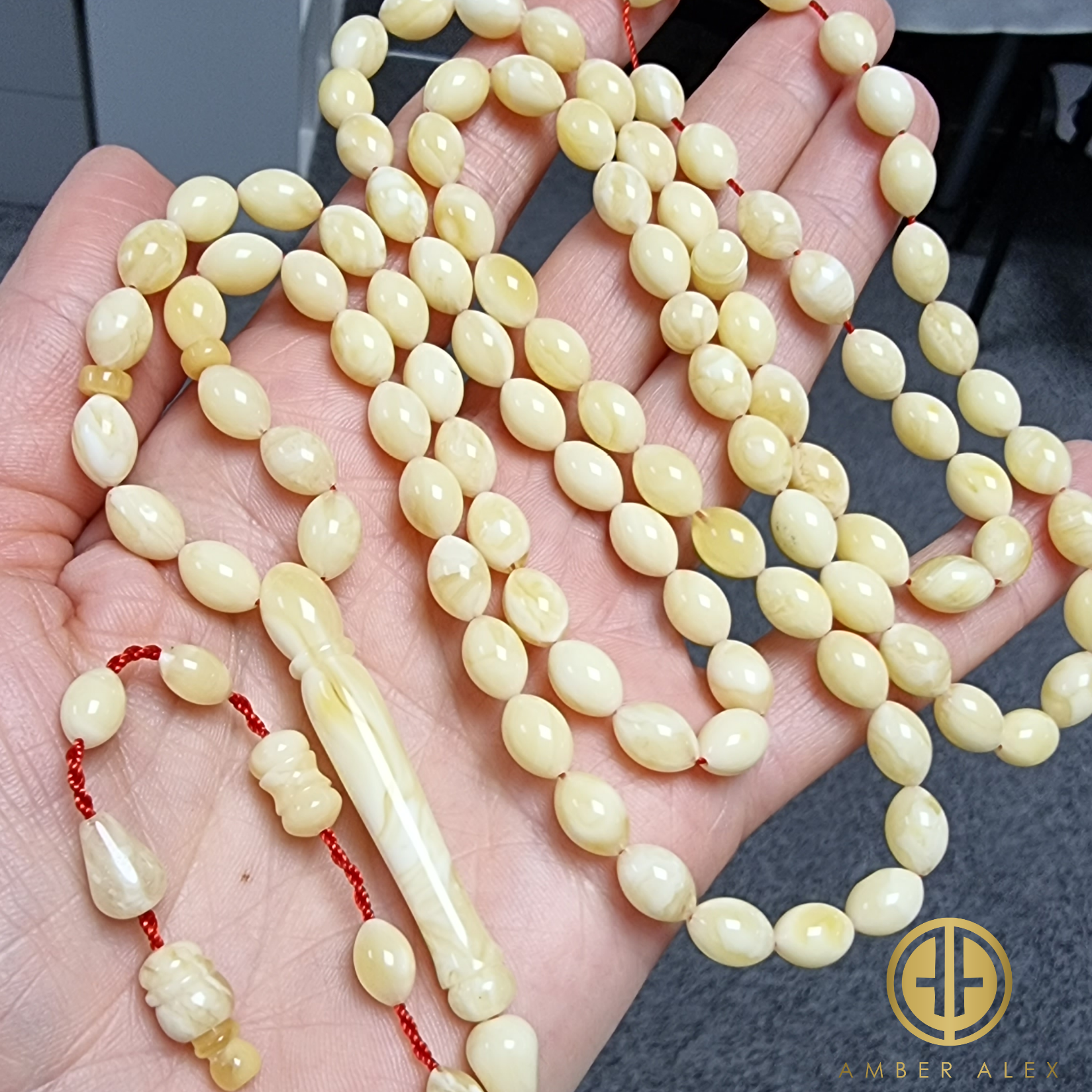 White With Yellow Amber Olive Shape 6.5 mm Islamic Rosary Beads