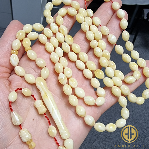 White With Yellow Amber Olive Shape 6.5 mm Islamic Rosary Beads