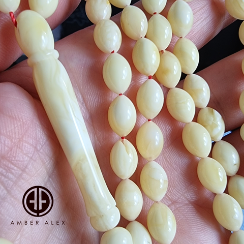 White With Yellow Amber Olive Shape 6.5 mm Islamic Rosary Beads