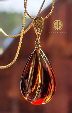 Carved Gradient Amber Drop Pendant & Chain Necklace 14K Gold Plated