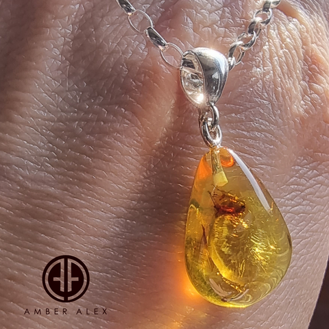 Natural Amber Drop Shape Pendant Sterling Silver With Insect