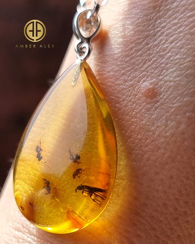 Natural Amber Drop Shape Pendant Sterling Silver With Insect