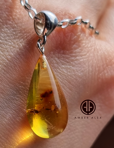 Natural Amber Drop Shape Pendant Sterling Silver With Insect