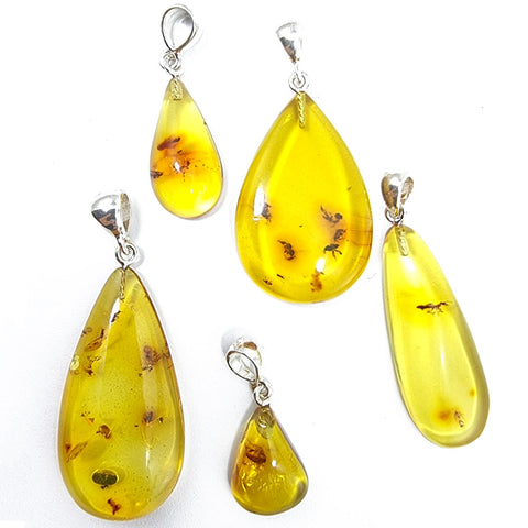 Natural Amber Drop Shape Pendant Sterling Silver With Insect