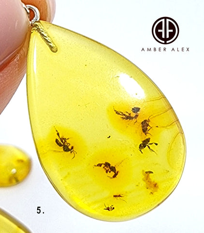 Natural Amber Drop Shape Pendant Sterling Silver With Insect