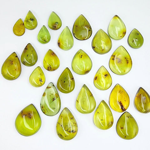 Green Amber Drop Shape Cabochons With Insects