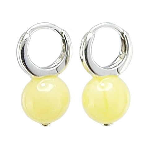 Milky Amber Round Dangle Earrings Sterling Silver