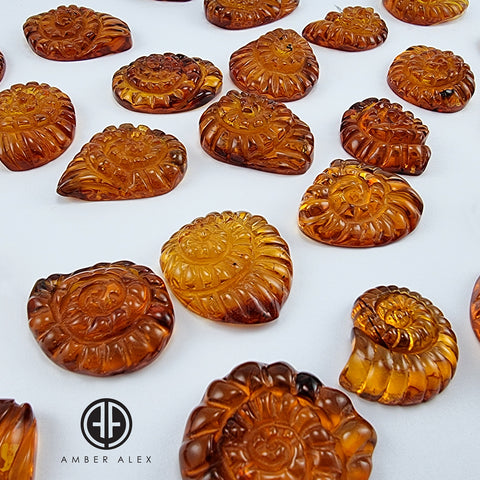 Cognac Amber Carved Ammonites Shell Cabochon