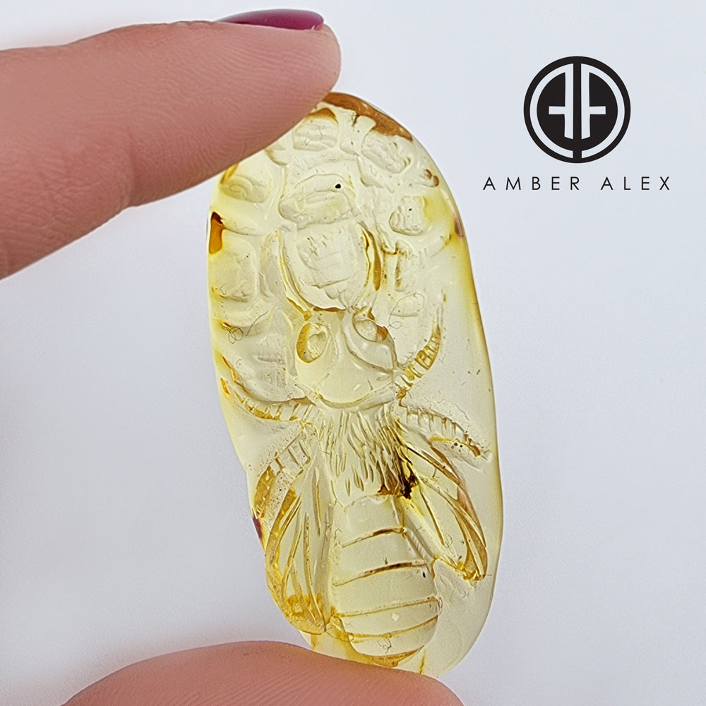 Natural Amber Carved Bee On Honeycomb Cabochon with Insects