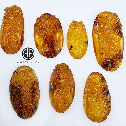 Cognac Amber Handmade Carved Owl Cabochons