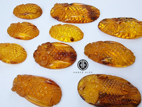 Cognac Amber Handmade Carved Owl Cabochons