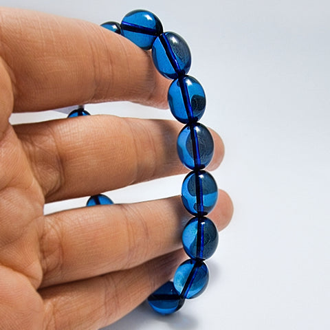 Blue Amber Olive Beads Stretch Bracelet