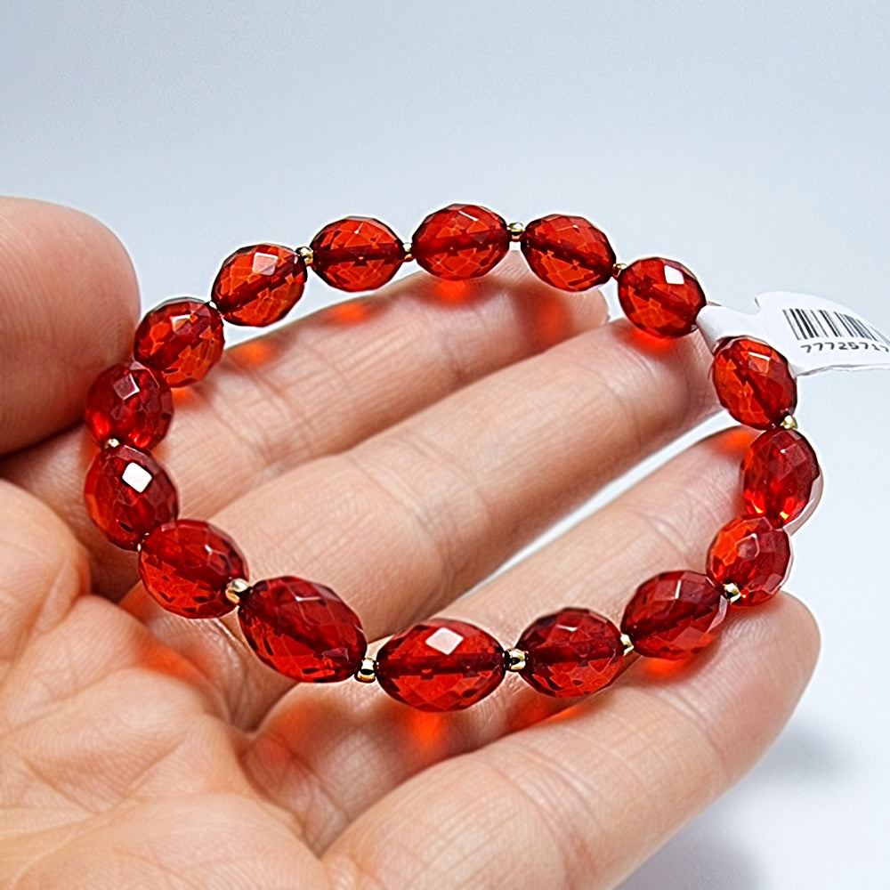 Red Amber Olive Faceted Beads Stretch Bracelet