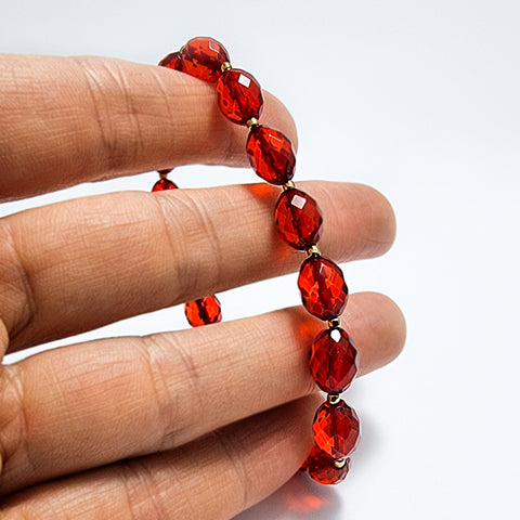 Red Amber Olive Faceted Beads Stretch Bracelet