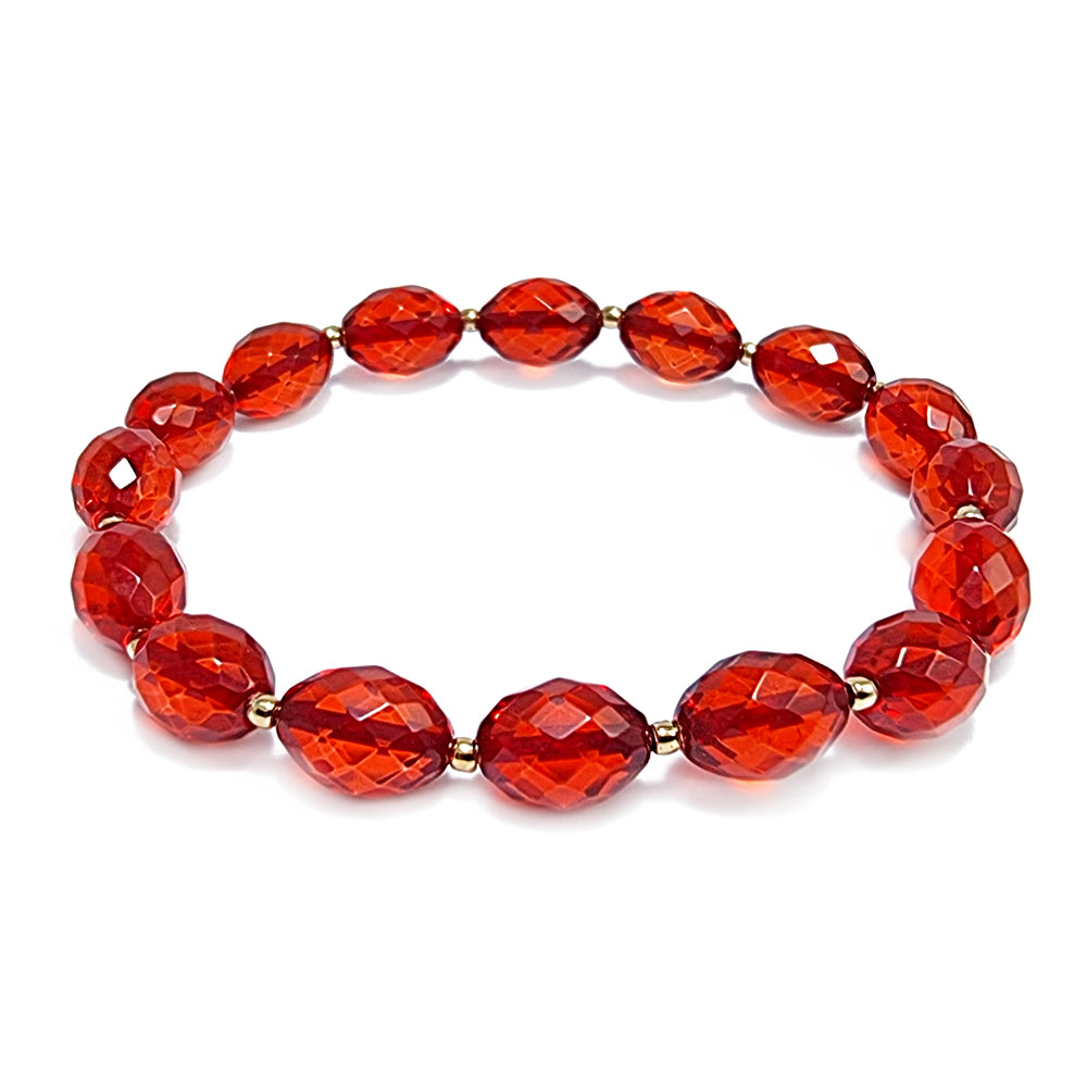 Red Amber Olive Faceted Beads Stretch Bracelet